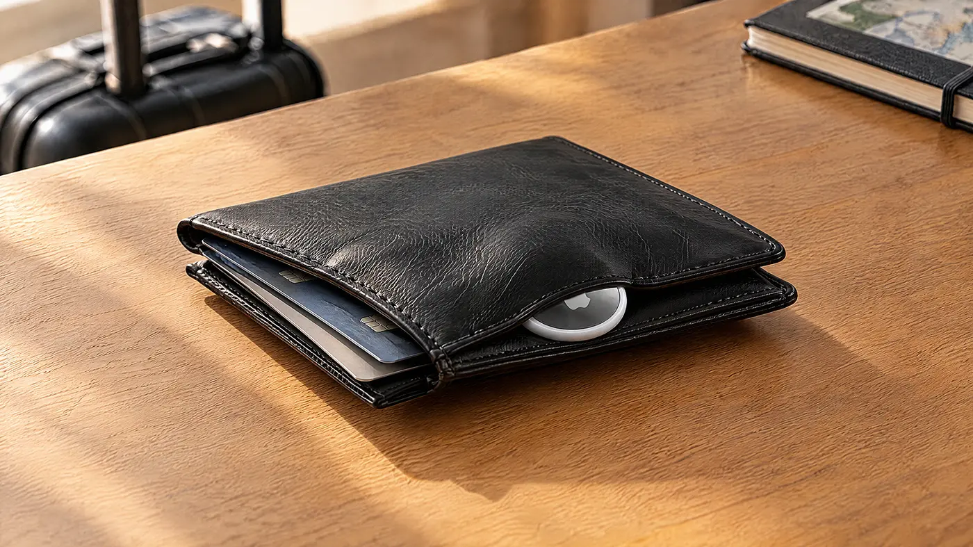 A disc tracker creating a visible bulge in a slim leather wallet
